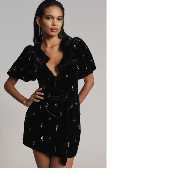 Anthropologie Dresses & Skirts - Anthropologie Maeve Short-Sleeve V-Neck Embellished Mini dress 0p new black